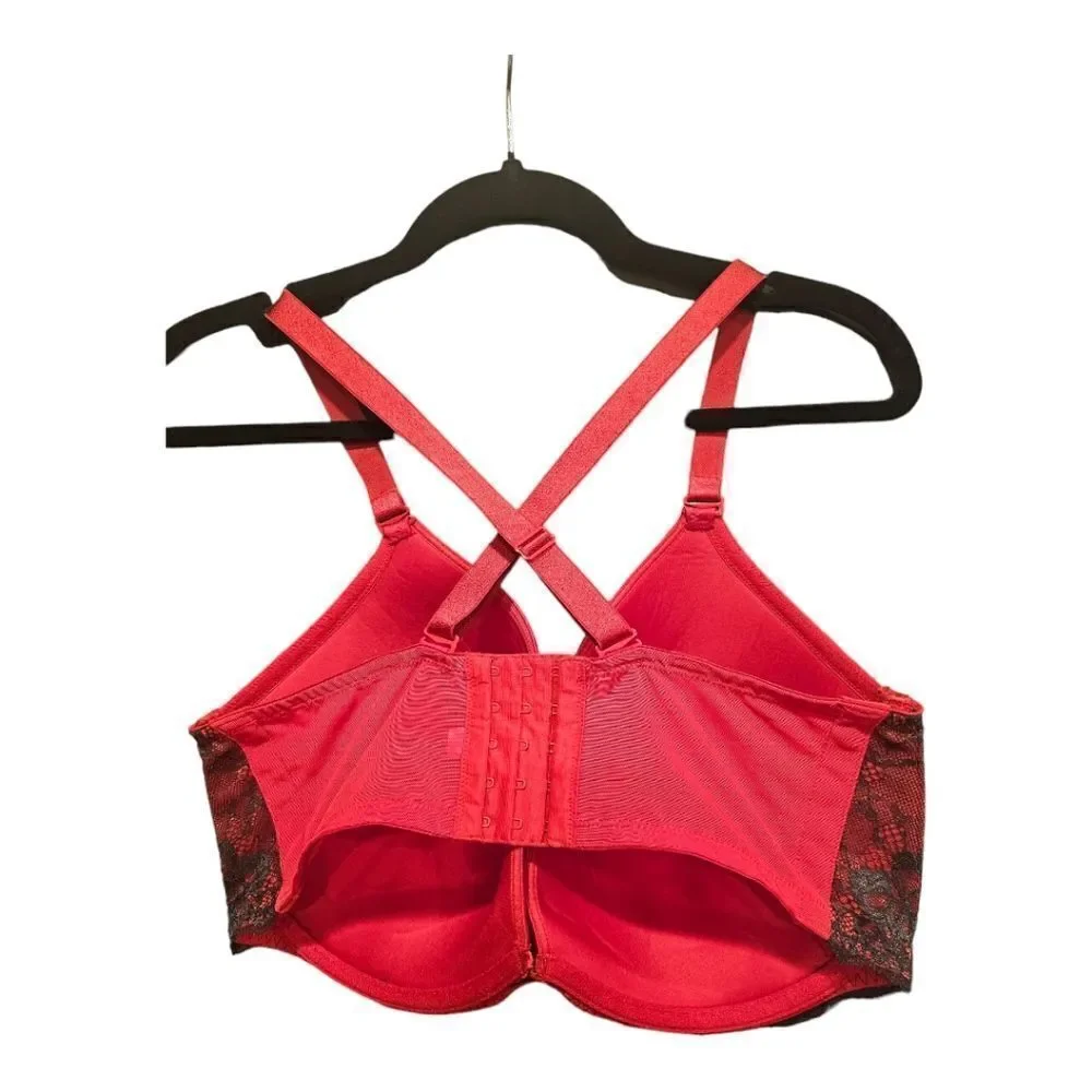 CACIQUE Red Satin Black Lace Plunge‎ Underwire Bra - Size 40F